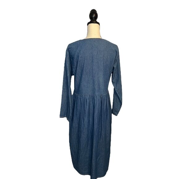 Vintage Green Field Denim Chambray Dress Rhinestones Studs Embroidery Flowers MD - Picture 4 of 8